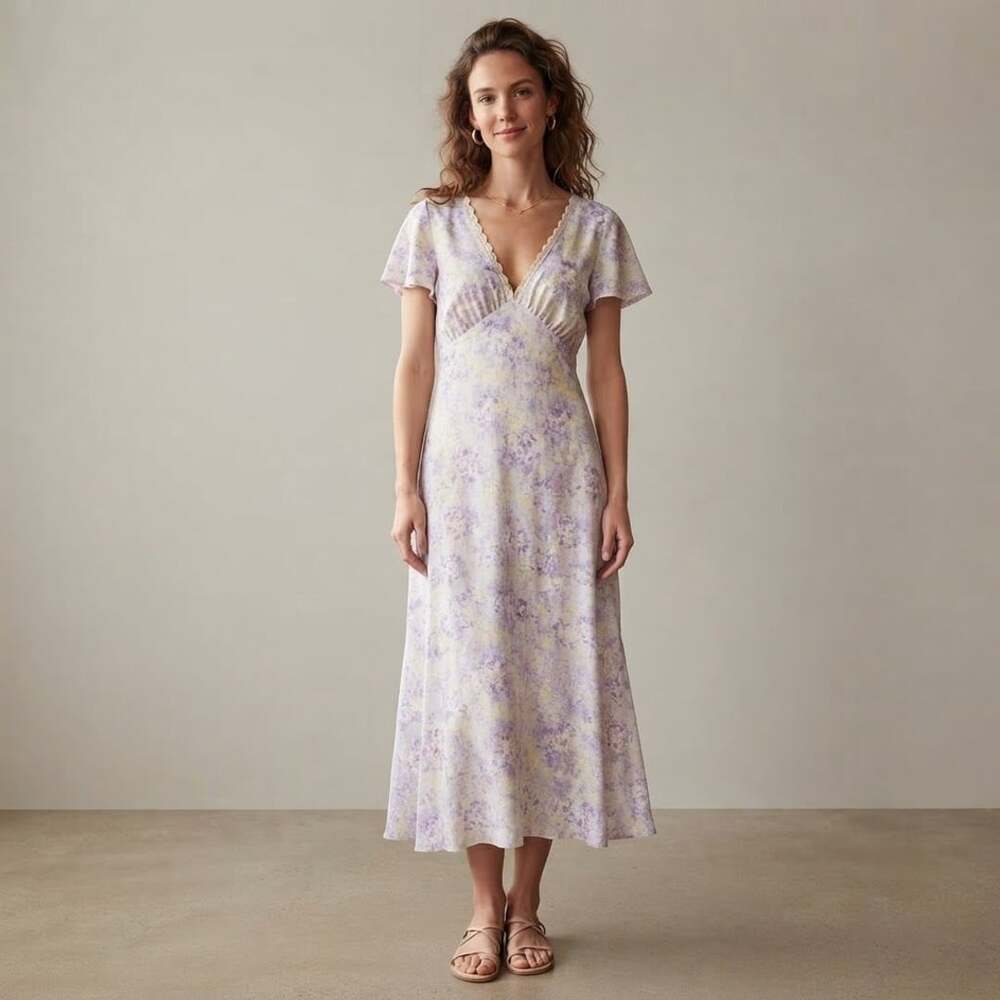 Storia Fairy Romantic Floral Midi Dress Purple Lace Tie Back